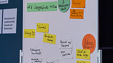 Whiteboard mit bunten Moderationskarten zum Thema "Konsum & Suffizienz", beschriftet mit Handschrift zu Landwirtschaft, Abfall und Verbraucherschutz.