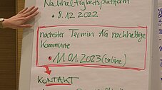 Flipchart mit Infos zur Plenarveranstaltung Nachhaltigkeitsplattform vom 8.12.2022 und nächstem AG-Termin am 11.01.2023