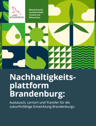 Broschürcover der Nachhaltigkeitsplattform Brandenburg mit Nachhaltigkeitssymbolen und Untertitel
