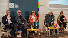Fünf Personen auf dem Podium vor dem Banner des Brandenburger Ministeriums