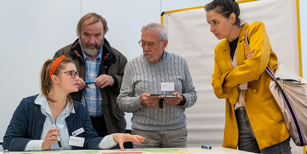 Vier Personen diskutieren an einem Tisch mit bunten Karten vor einem Flipchart