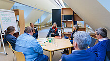 Kleine Gruppe diskutiert im Sitzkreis an rundem Tisch in Dachgeschossraum vor Flipchart