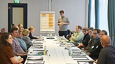 Person steht am Flipchart und moderiert eine Gruppe sitzender Teilnehmender am langen Tisch